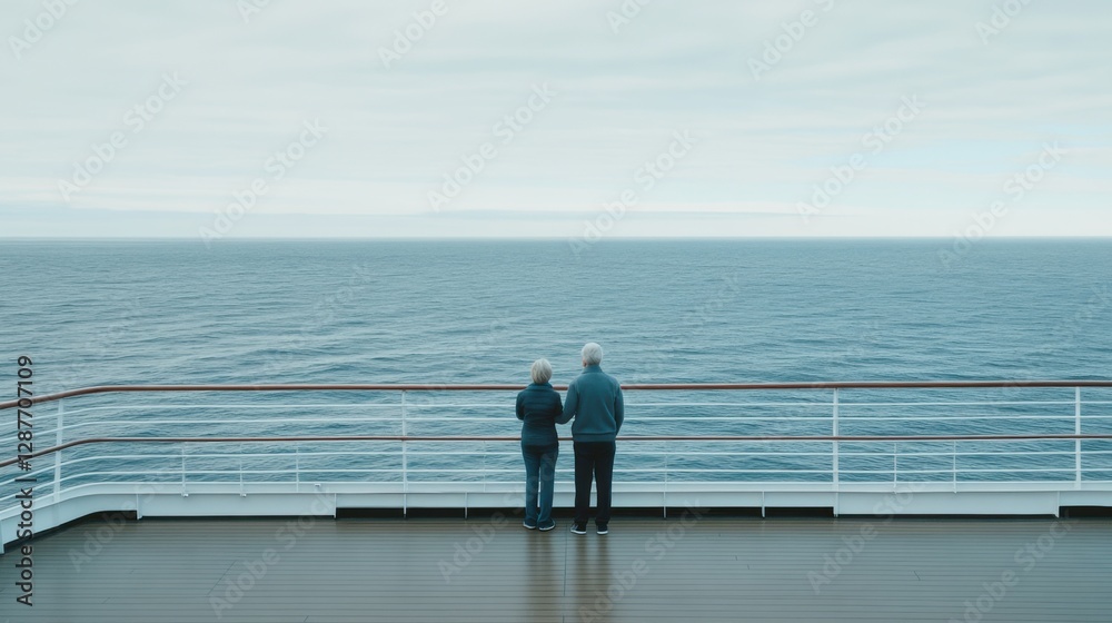 Senior living couple on a cruise ship deck, gazing at the ocean. Featuring adventure and togetherness Senior living couple on a cruise ship deck, gazing at the ocean. Featuring adventure and togetherness