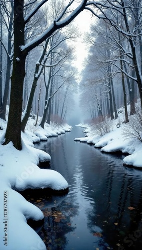 River Clingendael with snow-covered tree roots and surrounding winter trees, branches, landscape photo