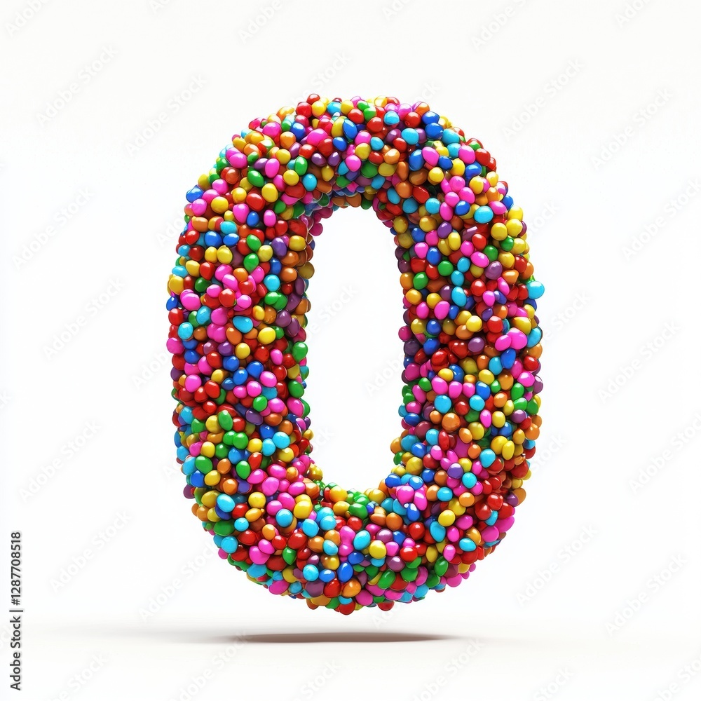 Of the number 0 made of colorful candy sprinkles tightly packed in a vibrant rainbow pattern, isolated on a clean white background Of the number 0 made of colorful candy sprinkles tightly packed in a vibrant rainbow pattern, isolated on a clean white background