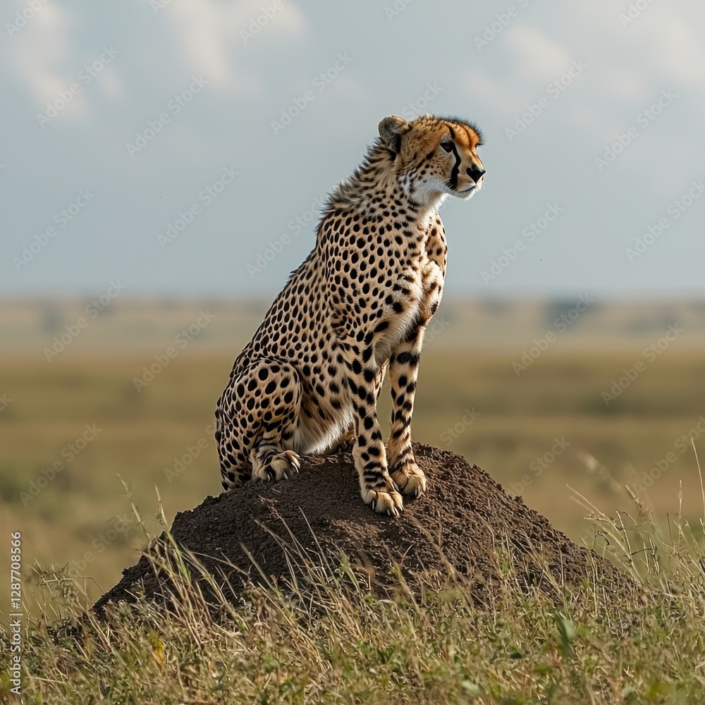 Cheetah sitting alert on a mound in the grasslands, looking toward the horizon Cheetah sitting alert on a mound in the grasslands, looking toward the horizon