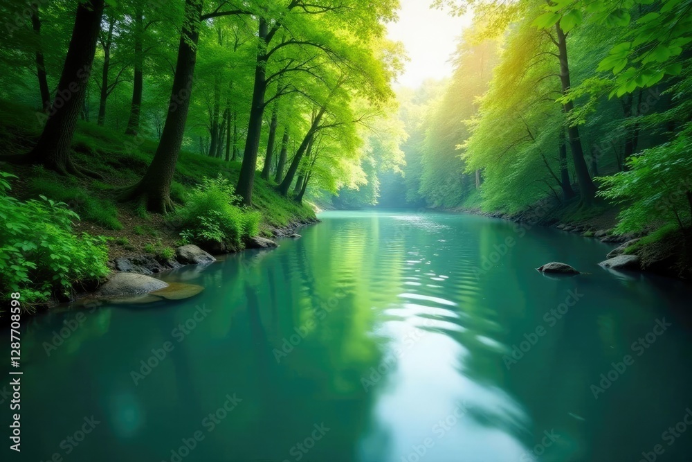 Fototapeta premium River scene with silky smooth water and lush greenery, silky river, greenery