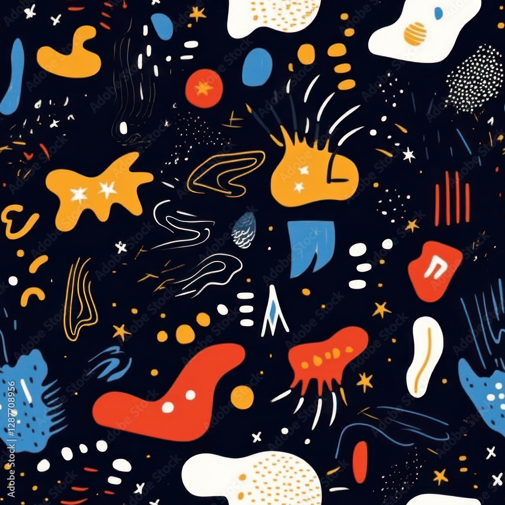 Fototapeta premium Abstract shapes float in a colorful, lively, and dynamic pattern against a dark cosmic background. Seamless pattern. Repeat pattern