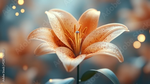 Close-up of a peach lily flower with bokeh lights in the background.