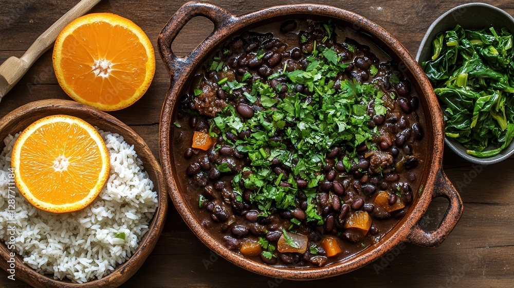 Brazilian feijoada, a rich black bean stew with pork, served with rice, orange slices, and collard greens.