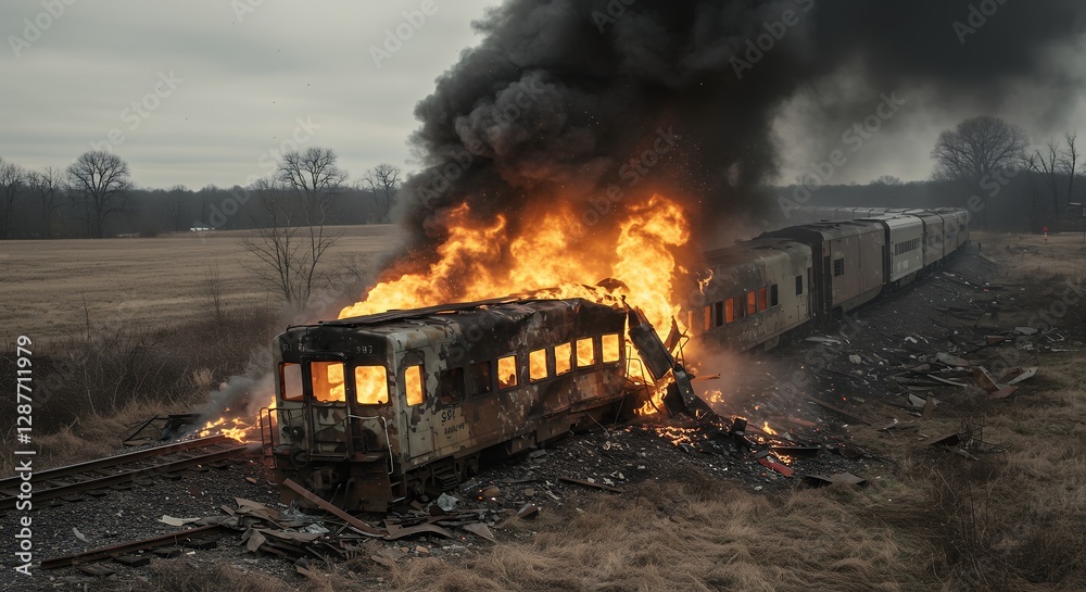 Train wreck engulfed in flames with thick smoke billowing above Train wreck engulfed in flames with thick smoke billowing above