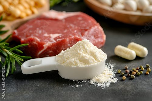Protein Powder Scoop with Meat and Supplements