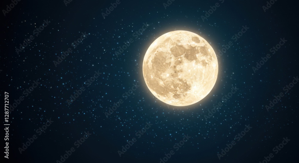 Naklejka premium Full moon shining brightly in a starry night sky, creating a serene atmosphere