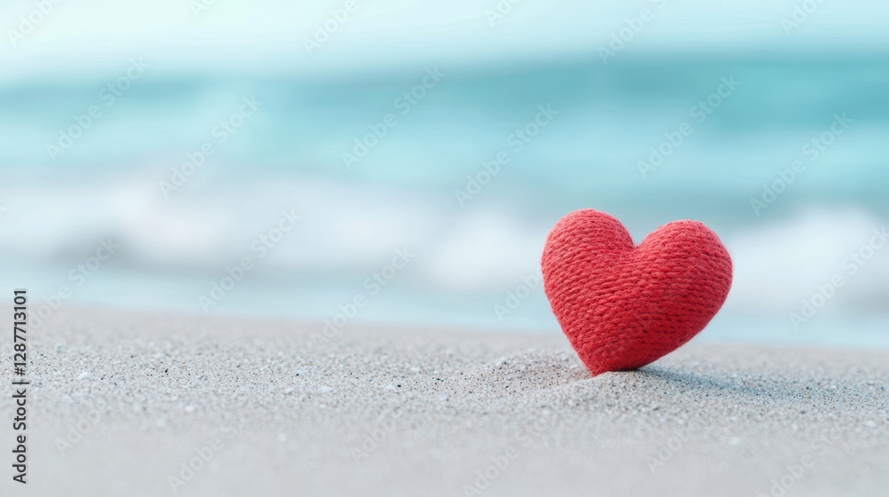Fototapeta premium A red heart drawn in the sand on a deserted beach, with the waves gently lapping at the shore, symbolizing fleeting love, lost romance, and memories.