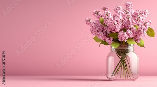 Wallpaper Mural Pink lilac flowers in glass jar on pink background. Torontodigital.ca