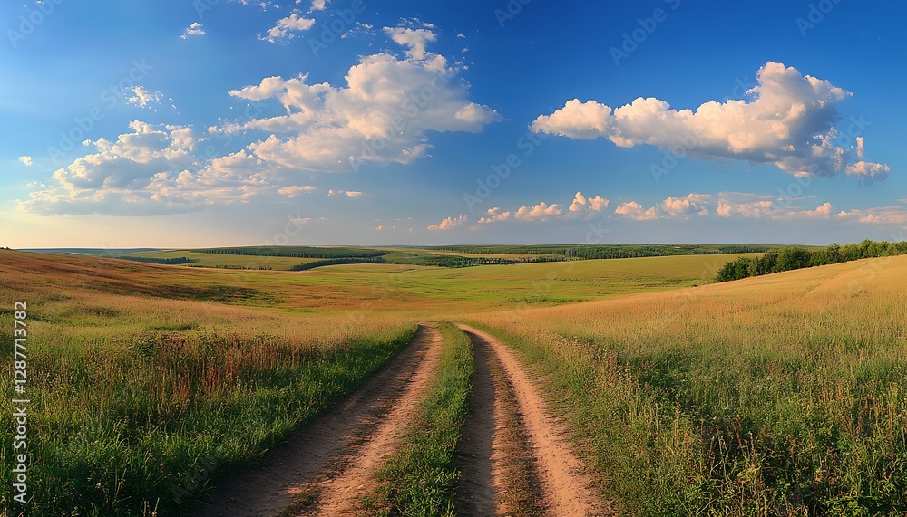 Fototapeta premium Country Road Through Field under Blue Sky