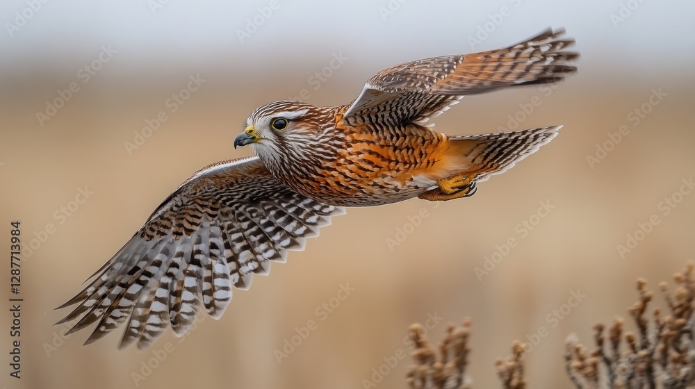 Obraz premium A kestrel in flight, showcasing its detailed plumage and sharp talons against a blurred natural background.