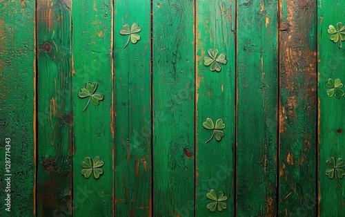 Rustic wooden planks painted in green with shamrock accents for Saint Patricks Day