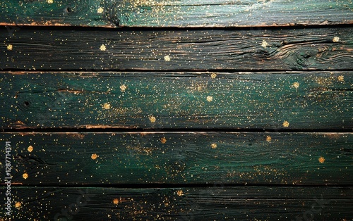 Rustic wooden pub table surface with green beer stains and golden sparkles for Saint Patricks Day