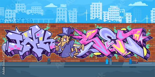 Trendy Outdoor Urban Graffiti Wall With Street Art Drawings Against The Background Of The Cityscape