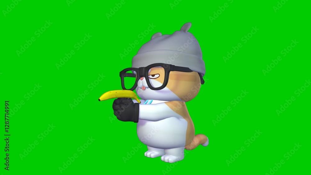 Funny 3D Cat Holding Banana and Pretending to Shoot on Green Screen – 4K Video Funny 3D Cat Holding Banana and Pretending to Shoot on Green Screen – 4K Video