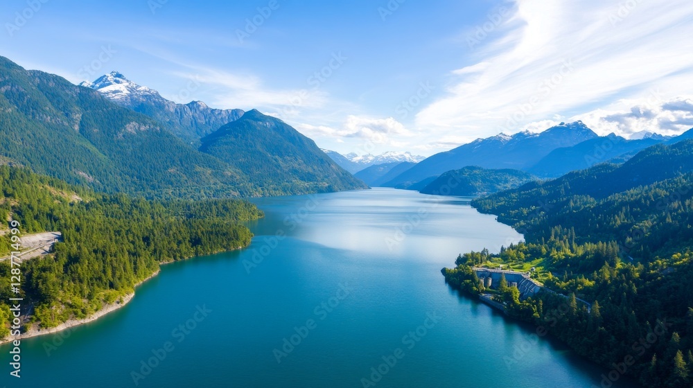 Mountain Lake Valley Aerial View Sunny Day Mountain Lake Valley Aerial View Sunny Day