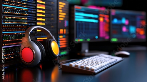 Modern tech workstation with server rack, headphones, keyboard, and monitors displaying data. photo