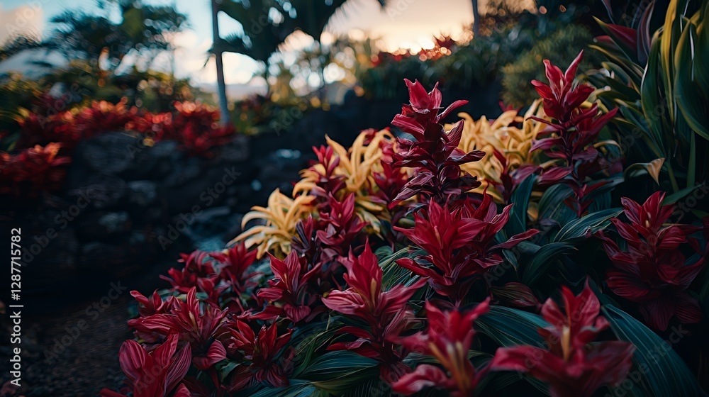 Vibrant Red and Yellow Tropical Plants in Lush Garden Setting Vibrant Red and Yellow Tropical Plants in Lush Garden Setting