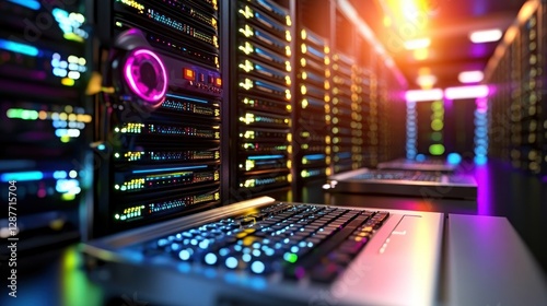 Wallpaper Mural Data center server room with glowing racks and laptop. Torontodigital.ca