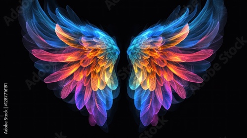 Colourful abstract wings. Psychedelic demon or angel wings. Isolated on black background. Psytrance design