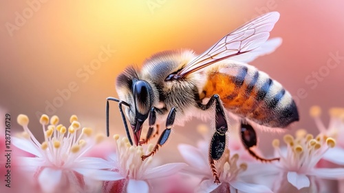 Honeybee pollinating pink flowers at sunset.