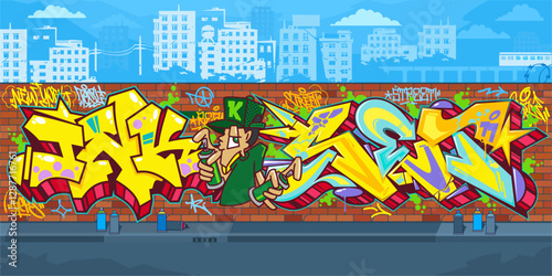 Abstract Urban Graffiti Brick Wall With Street Art Drawings Against The Background Of The Cityscape