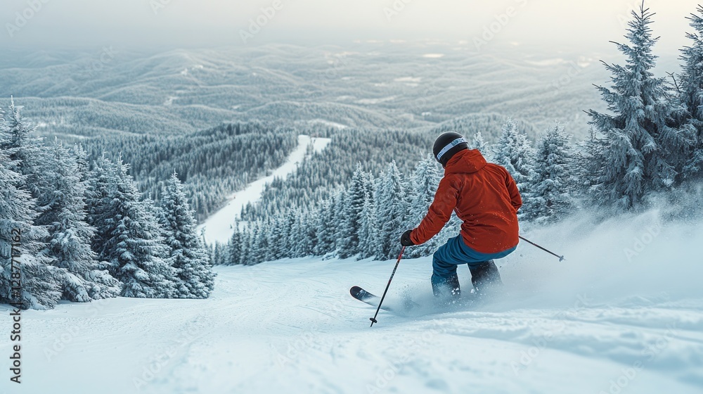Skier carving down a snowy mountain slope, overlooking a winter landscape. Skier carving down a snowy mountain slope, overlooking a winter landscape.