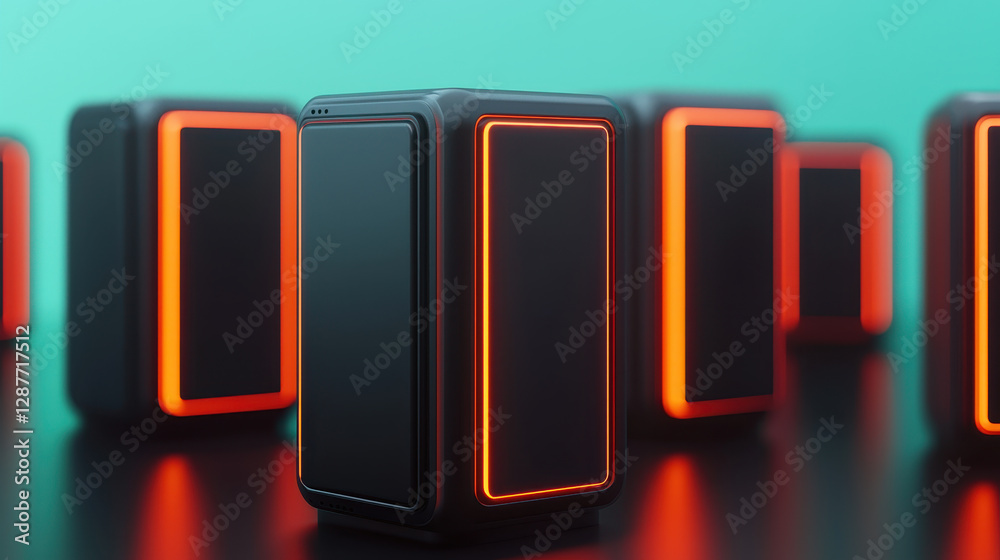 Cloud storage Globalization communication network Modern black devices with glowing orange accents on reflective surface Cloud storage Globalization communication network Modern black devices with glowing orange accents on reflective surface