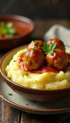 A bowl of creamy mashed potatoes topped with a few large meatballs, savory, warm and cozy, rich flavor