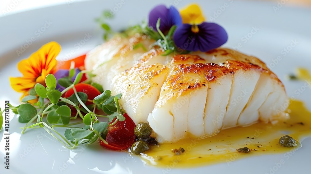 Grilled Fish Fillet with Fresh Herbs and Colorful Edible Flowers Grilled Fish Fillet with Fresh Herbs and Colorful Edible Flowers