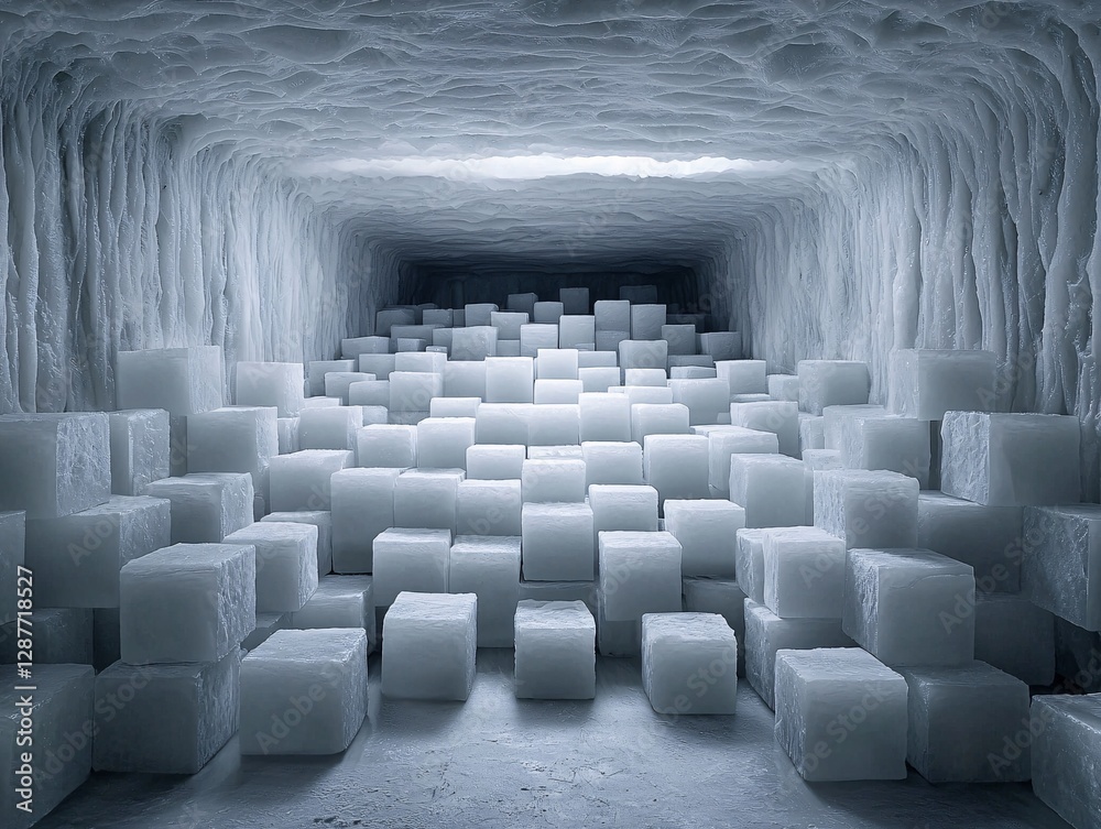 Fototapeta premium a hidden cave filled with AI-generated crystal formations that emit soft pulsating light, an eerie yet beautiful fusion of nature and digital technology, surreal sci-fi realism