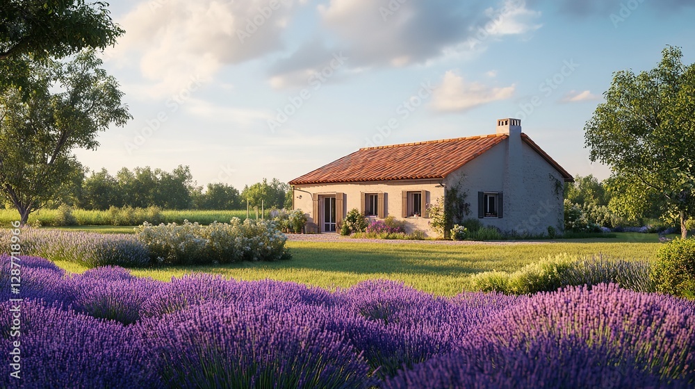 A Serene Rural Home with a Lavender Garden in the Foreground, Featuring a Cottage with a Tiled Roof Under a Partly Cloudy Sky, Evoking a Peaceful and Idyllic Countryside Scene. A Serene Rural Home with a Lavender Garden in the Foreground, Featuring a Cottage with a Tiled Roof Under a Partly Cloudy Sky, Evoking a Peaceful and Idyllic Countryside Scene.
