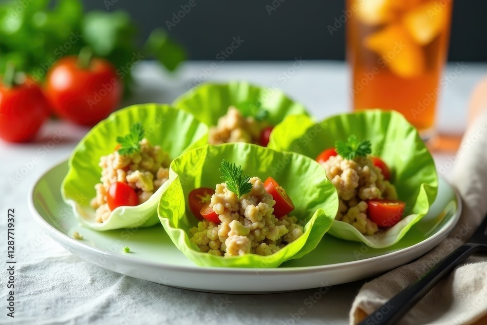 Delicious Chicken Salad Cups in Fresh Lettuce Leaves with Cherry Tomatoes and Herbs Delicious Chicken Salad Cups in Fresh Lettuce Leaves with Cherry Tomatoes and Herbs