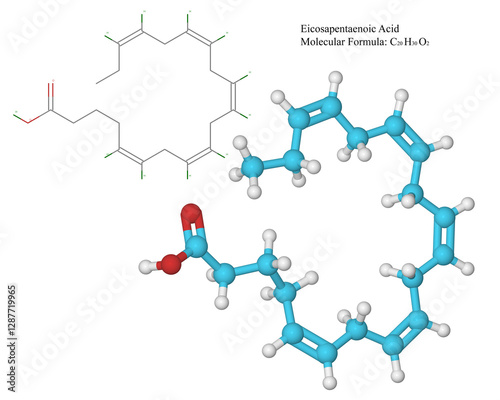 Molecule and chemical formula (on transparent background) of Eicosapentaenoic Omega-3 Fatty acid with many health benefits; the main sources of EPA are fish oils, algal oil, squid, crustaceans