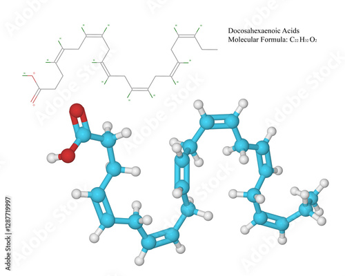 Molecule and chemical formula (on transparent background) of Docosahexaenoic Omega-3 Fatty acid with many health benefits; the main sources of EPA are fish oils, algal oil, squid, crustaceans