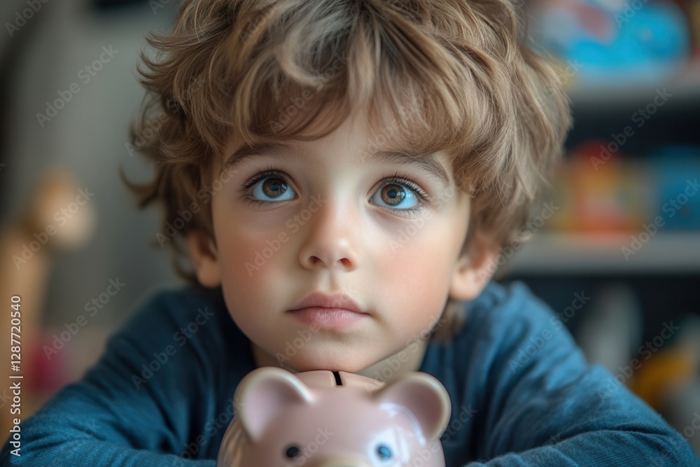 Child with piggy bank. Reflecting on savings and future aspirations Child with piggy bank. Reflecting on savings and future aspirations