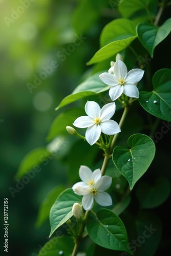 Delicate white jasmine flowers on a lush green vine, unique flowers, nature