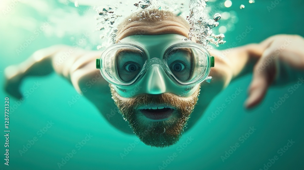 Fototapeta premium Underwater portrait of a surprised man with a diving mask.