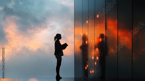 Silhouette of Person Reading in Front of Futuristic Window Reflection