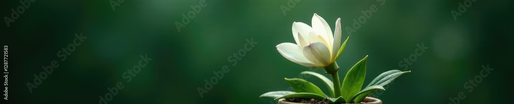 Fototapeta premium Delicate white petals unfolding from a dark green pot, frostkiss, delicate, botanical