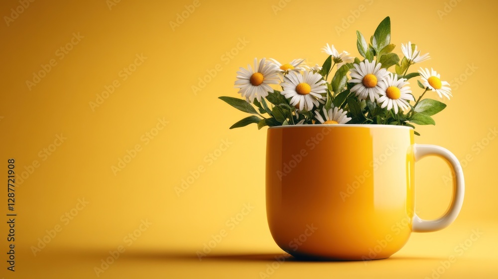 Daisies in yellow mug on yellow background. Daisies in yellow mug on yellow background.