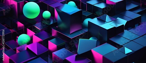 Vibrant HD 2K 4K Sci-Fi Image Featuring Glowing Neon 3D Blocks and Spheres in a Futuristic Cyber Landscape