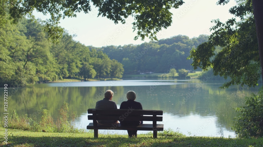 Senior living couple sharing a quiet moment on a bench overlooking a lake. Featuring serenity and connection Senior living couple sharing a quiet moment on a bench overlooking a lake. Featuring serenity and connection