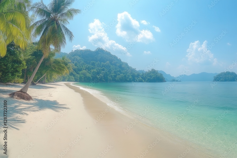 Tropical beach scene with palm trees and ocean. Tropical beach scene with palm trees and ocean.