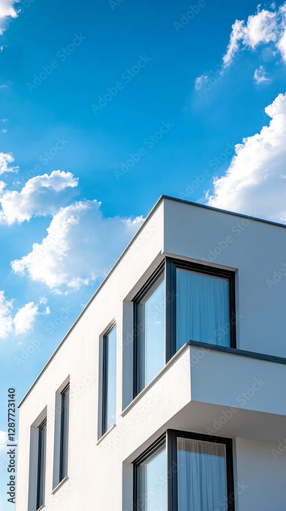 Modern minimalist white building facade against a bright blue sky with fluffy clouds. Urban architecture and contemporary design concept Modern minimalist white building facade against a bright blue sky with fluffy clouds. Urban architecture and contemporary design concept