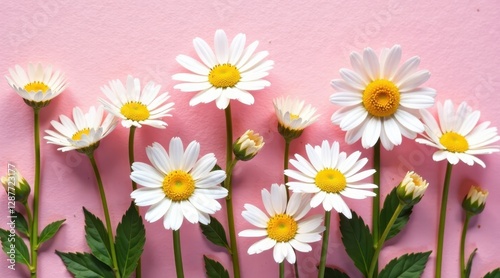A delightful arrangement of daisies in full bloom, elegantly positioned against a soft pink backdrop, creating a serene and charming floral display.