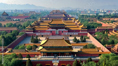 A panoramic view of the Forbidden City in Beijing showcasing its majestic architecture, lush gardens, and traditional rooftops under a clear blue sky during daytime
