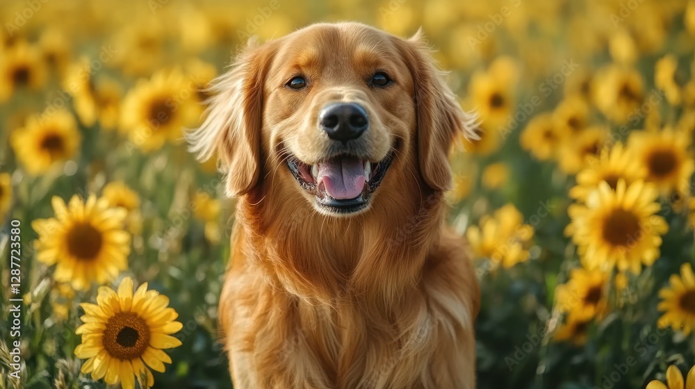 Happy golden retriever dog sitting in a sunflower field. Happy golden retriever dog sitting in a sunflower field.