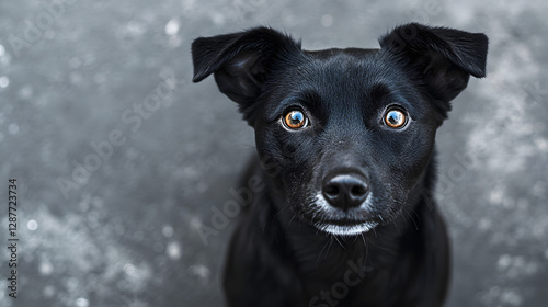 A cute little black dog looking up at you