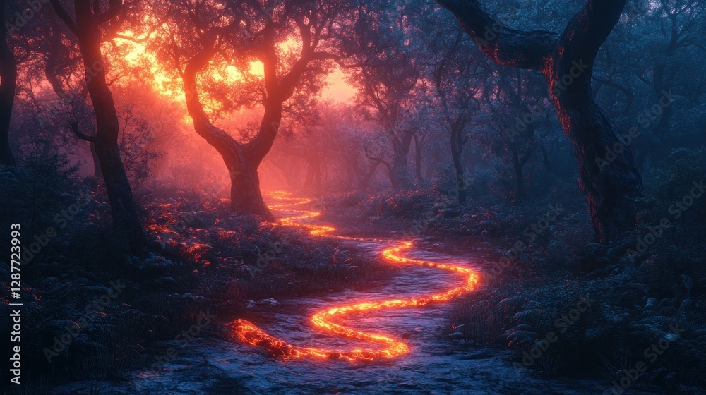 Glowing path winding through a mystical forest at sunset. Glowing path winding through a mystical forest at sunset.